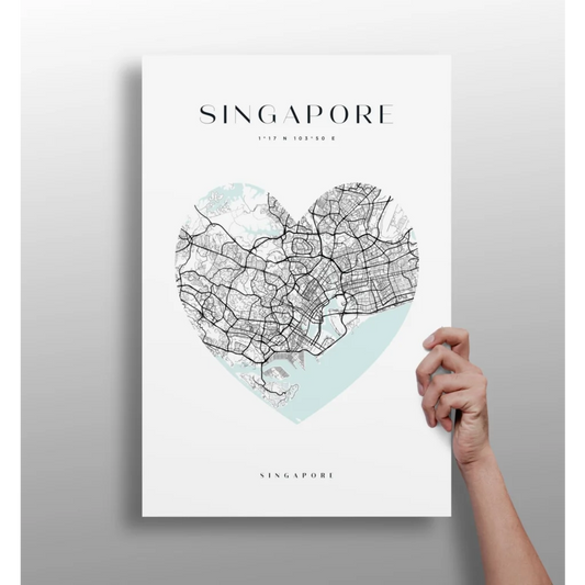 Heart Shaped Singapore Map Aluminum Print in Teal and White