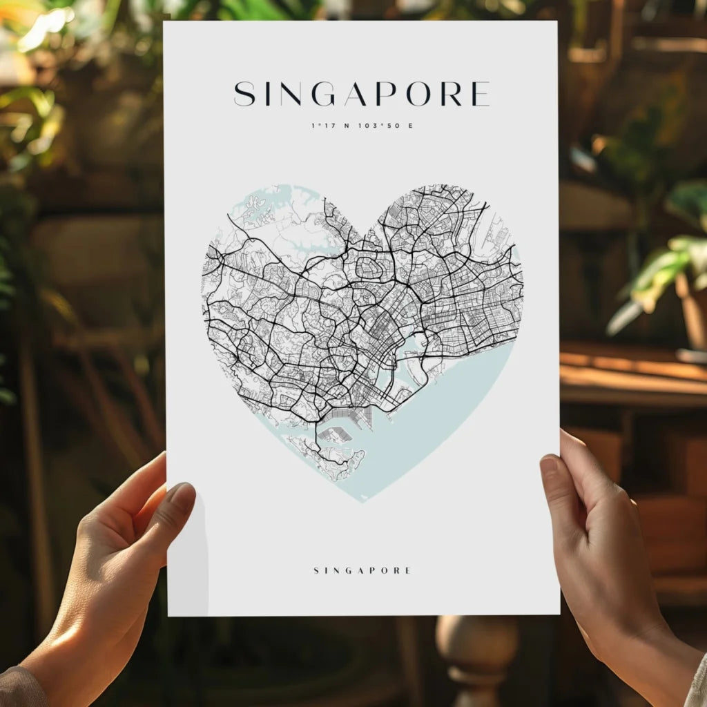 Heart-shaped Singapore map poster in teal and white, held by hands