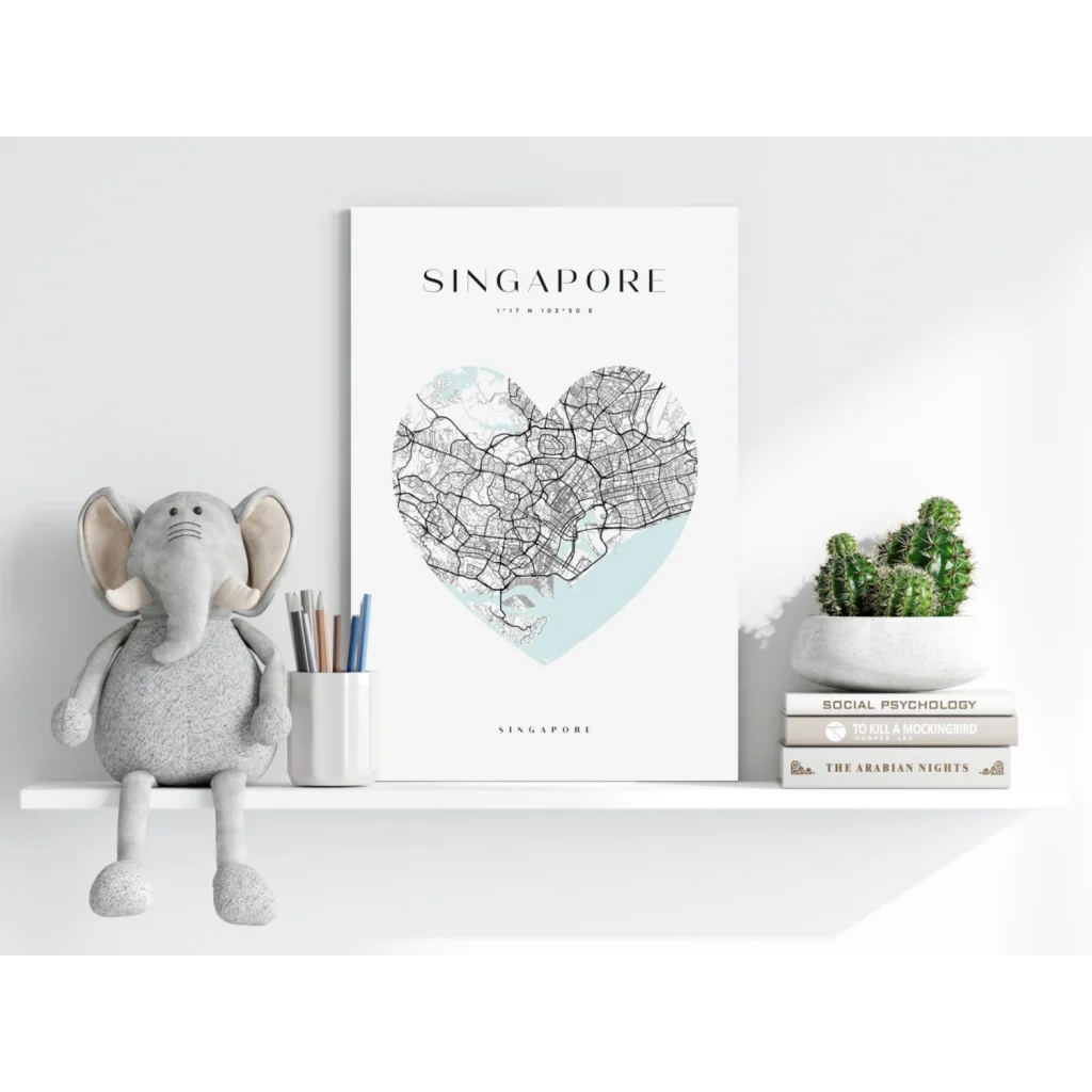Heart-shaped Singapore map poster in teal and white on aluminum print