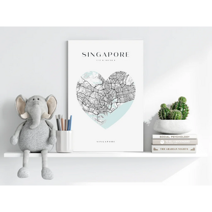 Heart-shaped Singapore map poster in teal and white on aluminum print
