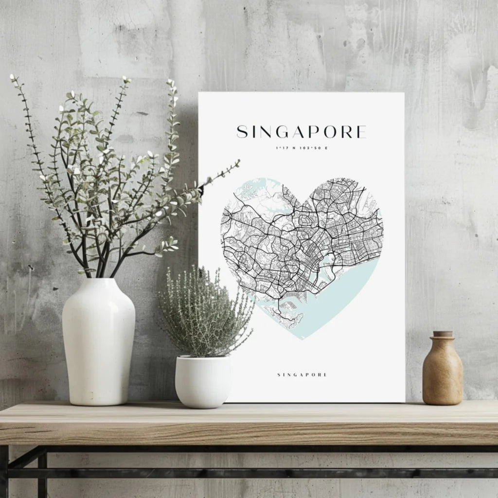 Heart-shaped Singapore map poster in teal and white, wooden frame