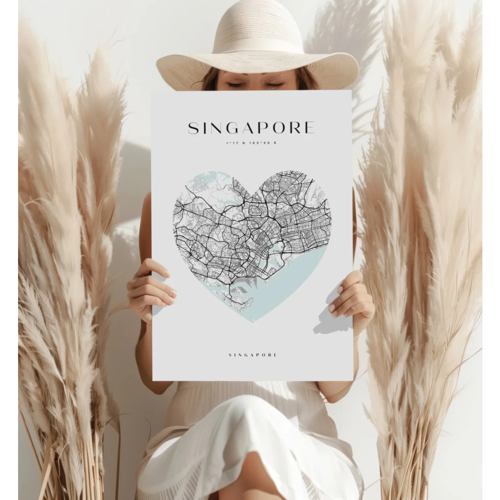 Heart Shaped Singapore Map Aluminum Print in Teal and White