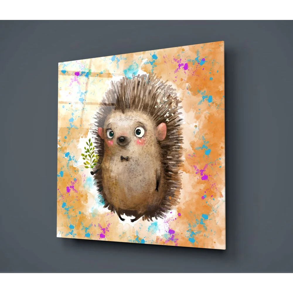 Charming watercolor hedgehog glass wall art with bow tie