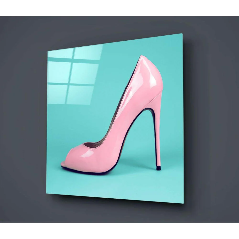 Glossy pink peep-toe stiletto on turquoise, glass wall art print