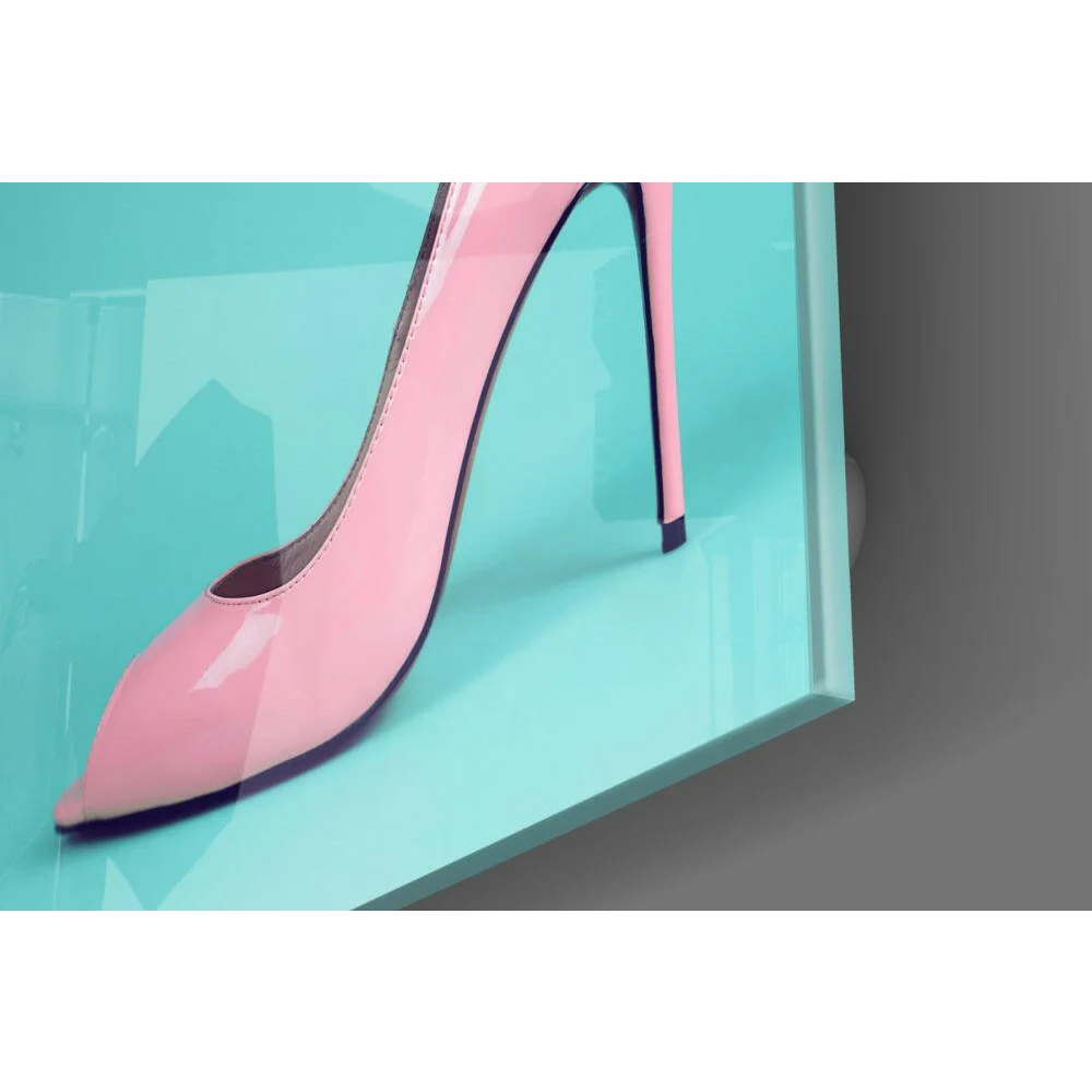Glossy pink stiletto high-heel on glass wall art print with pointed toe and black trim