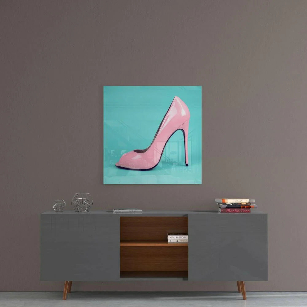 Glossy pink stiletto in modern canvas painting on teal background, glass wall art print
