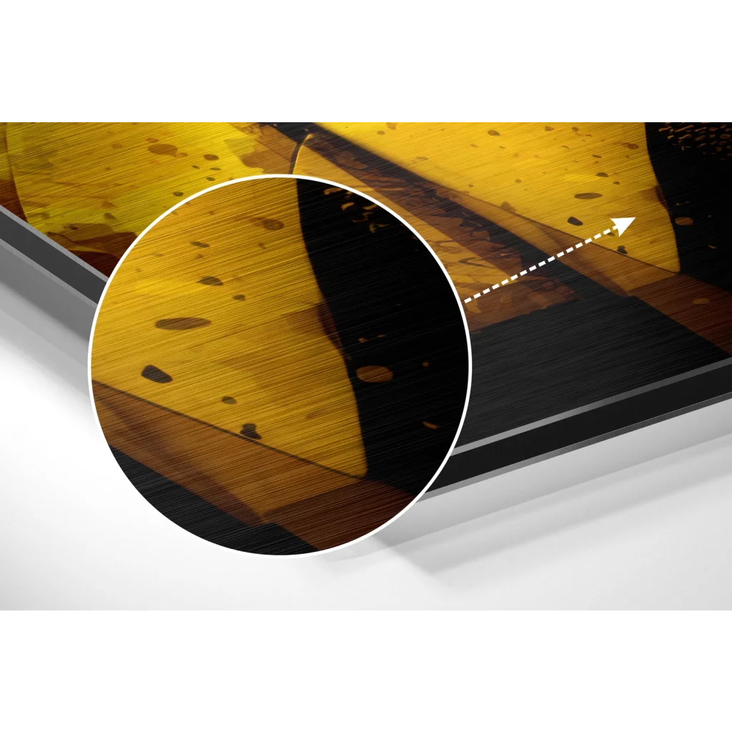 glass wall art Bold yellow abstract art on brushed aluminium dibond print