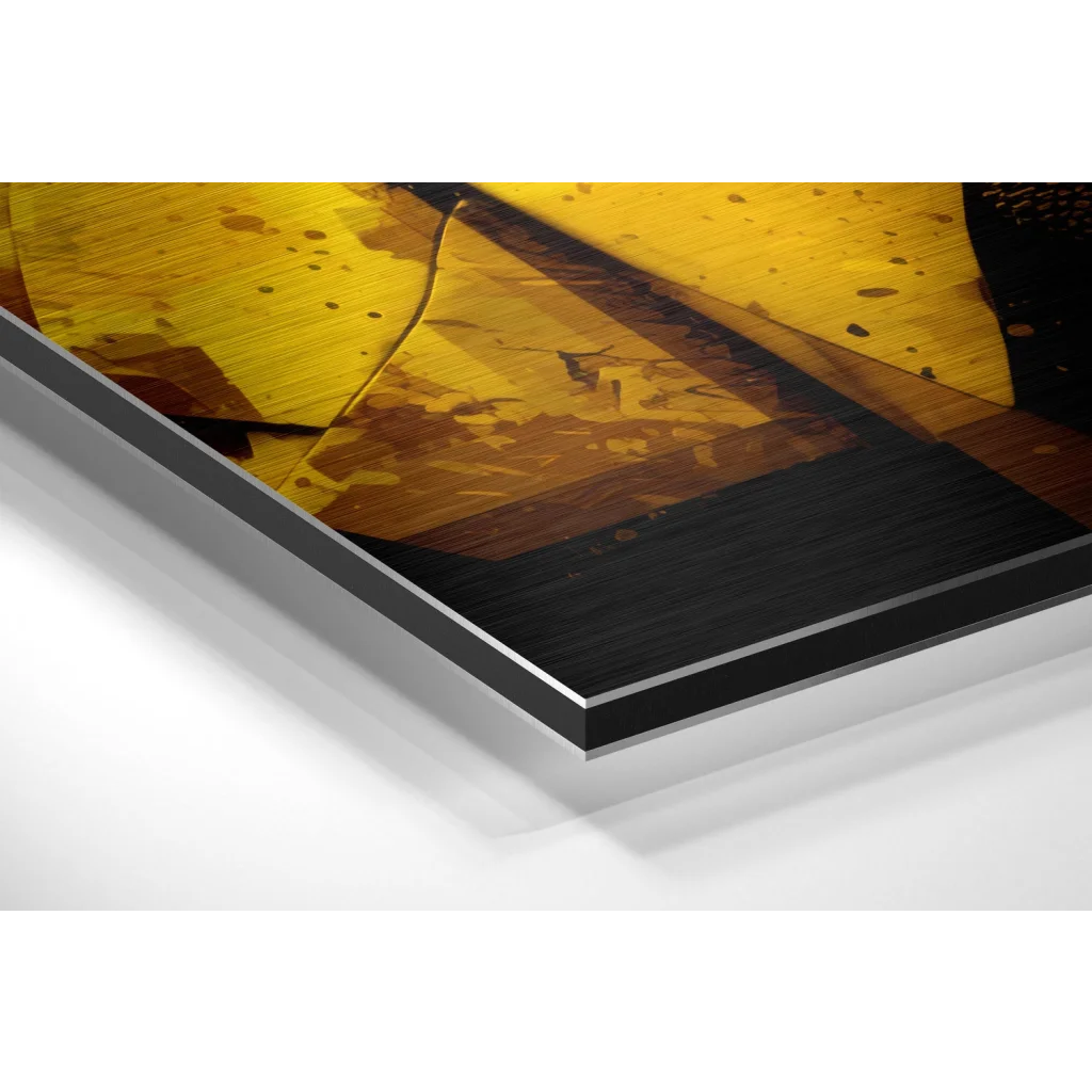 Bold yellow abstract art on brushed aluminium dibond print