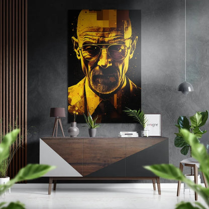 Pixelated yellow black man in aviators on brushed aluminium dibond