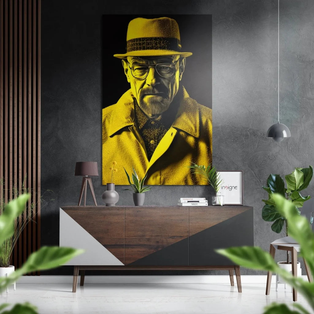 Walter White yellow portrait on brushed aluminium dibond wall art