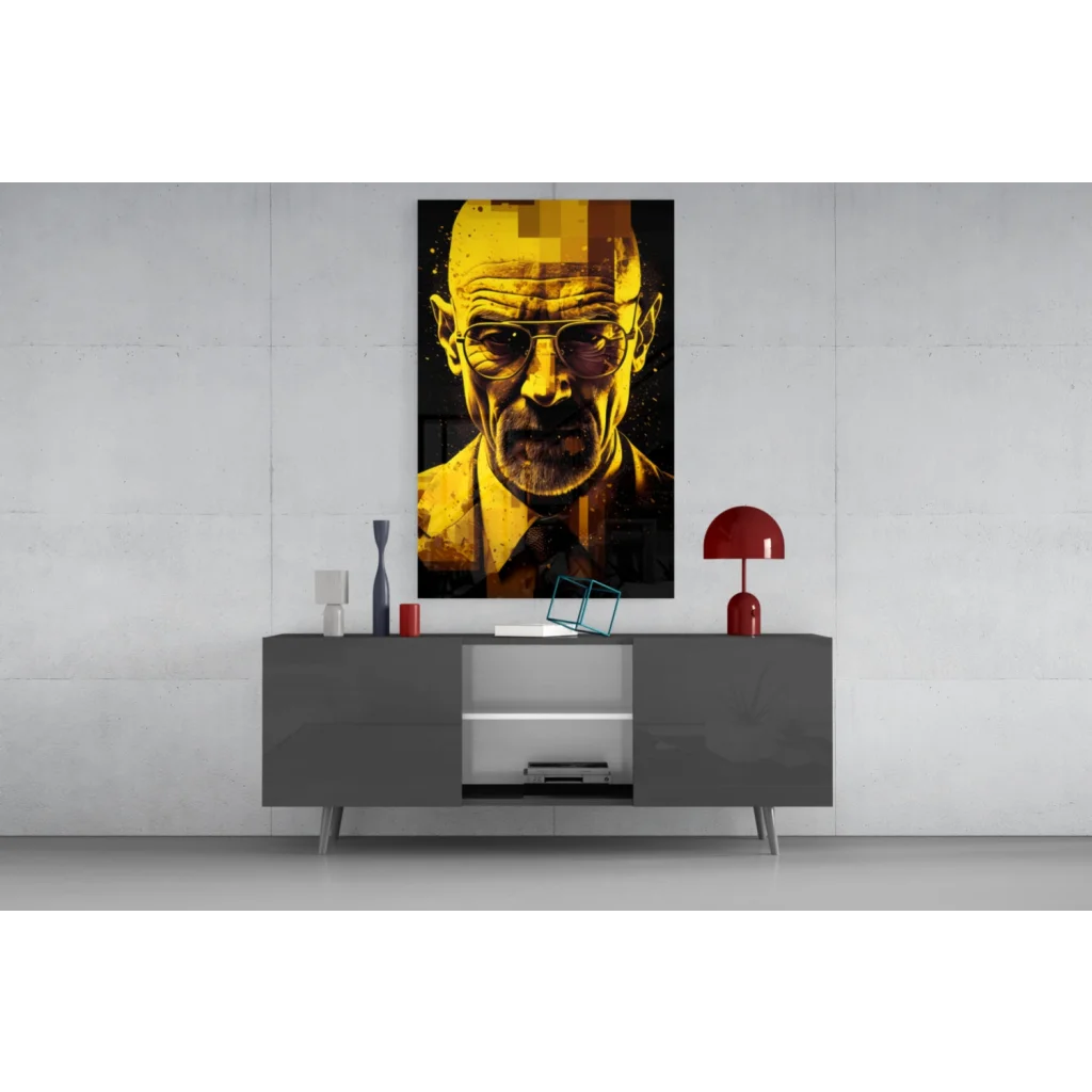 Pixelated Walter White glass wall art portrait in yellow and black
