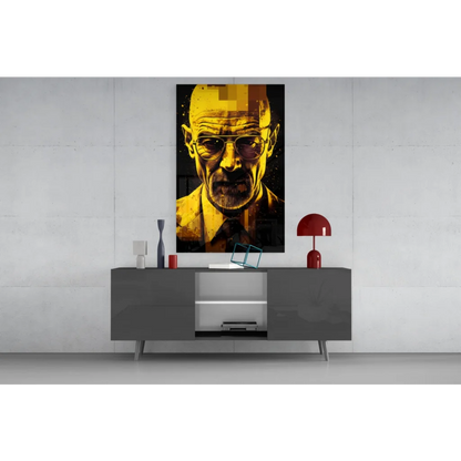 Pixelated Walter White glass wall art portrait in yellow and black