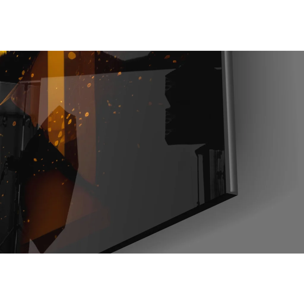 Sleek dark gray monitor with orange sparks in Breaking Bad Walter White glass wall art