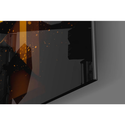 Sleek dark gray monitor with orange sparks in Breaking Bad Walter White glass wall art