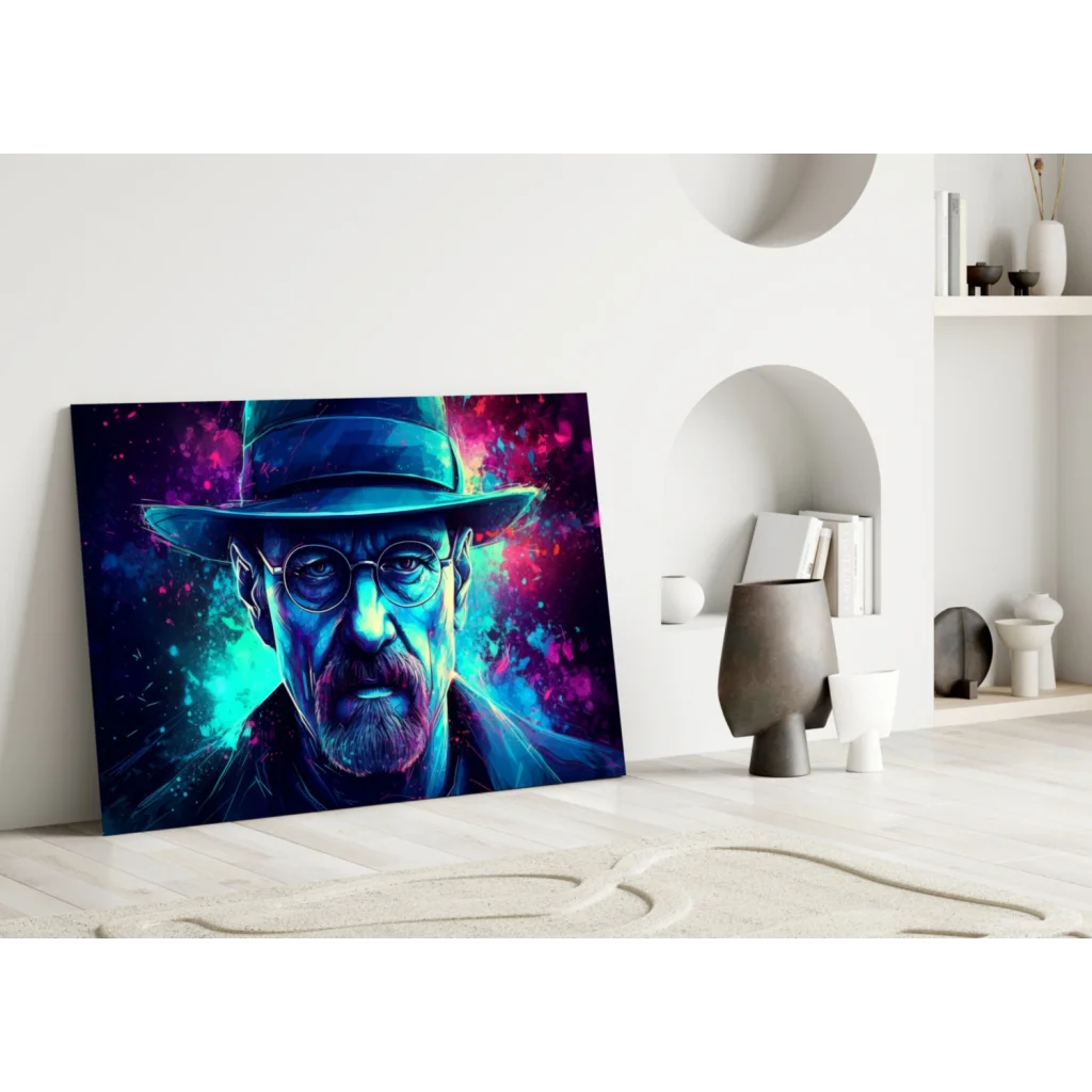 Breaking Bad cosmic neon wall art canvas print of Walter White in blue fedora