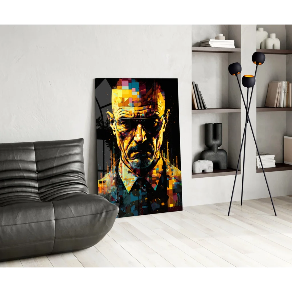Vibrant pixelated Walter White glass wall art canvas print