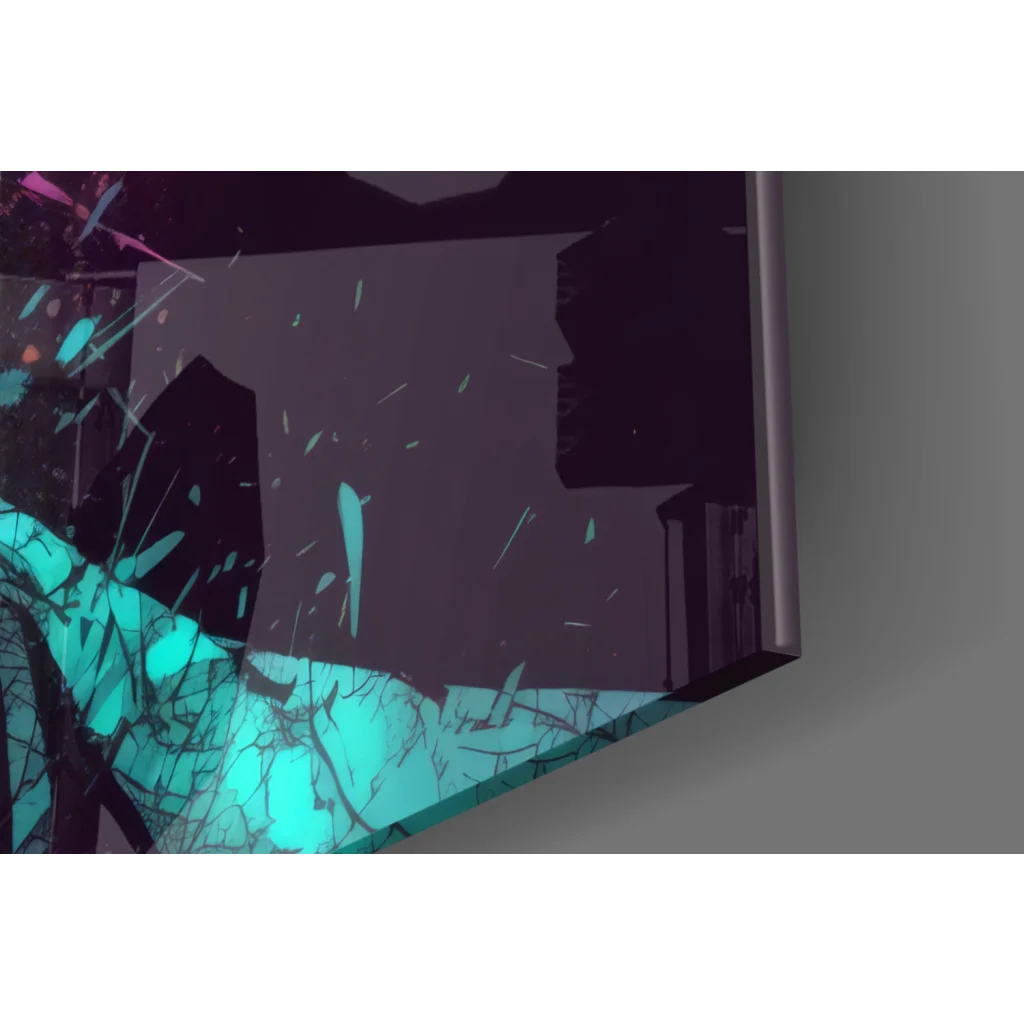 Neon Pop Art Walter White glass wall art with teal purple cityscape