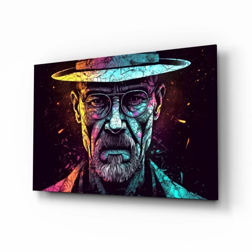 Neon pop art Walter White glass wall art on vibrant canvas