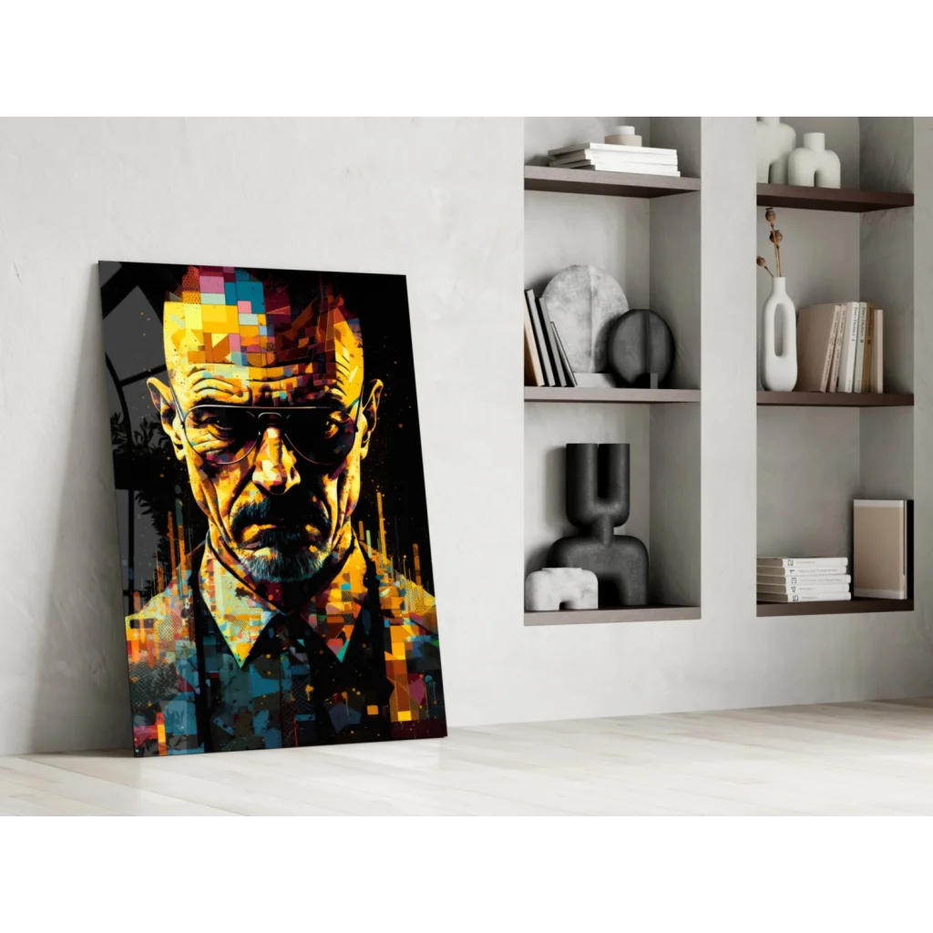 Pixelated Walter White glass wall art canvas print in vibrant yellow and blue