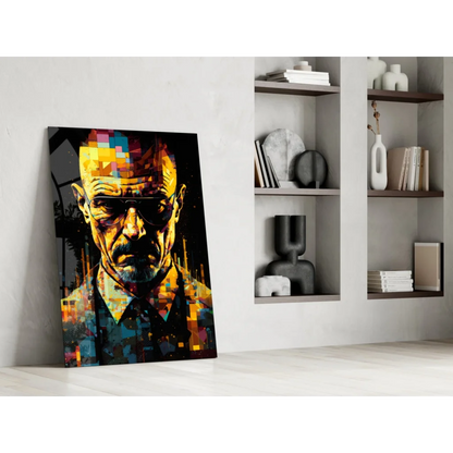 Pixelated Walter White glass wall art canvas print in vibrant yellow and blue