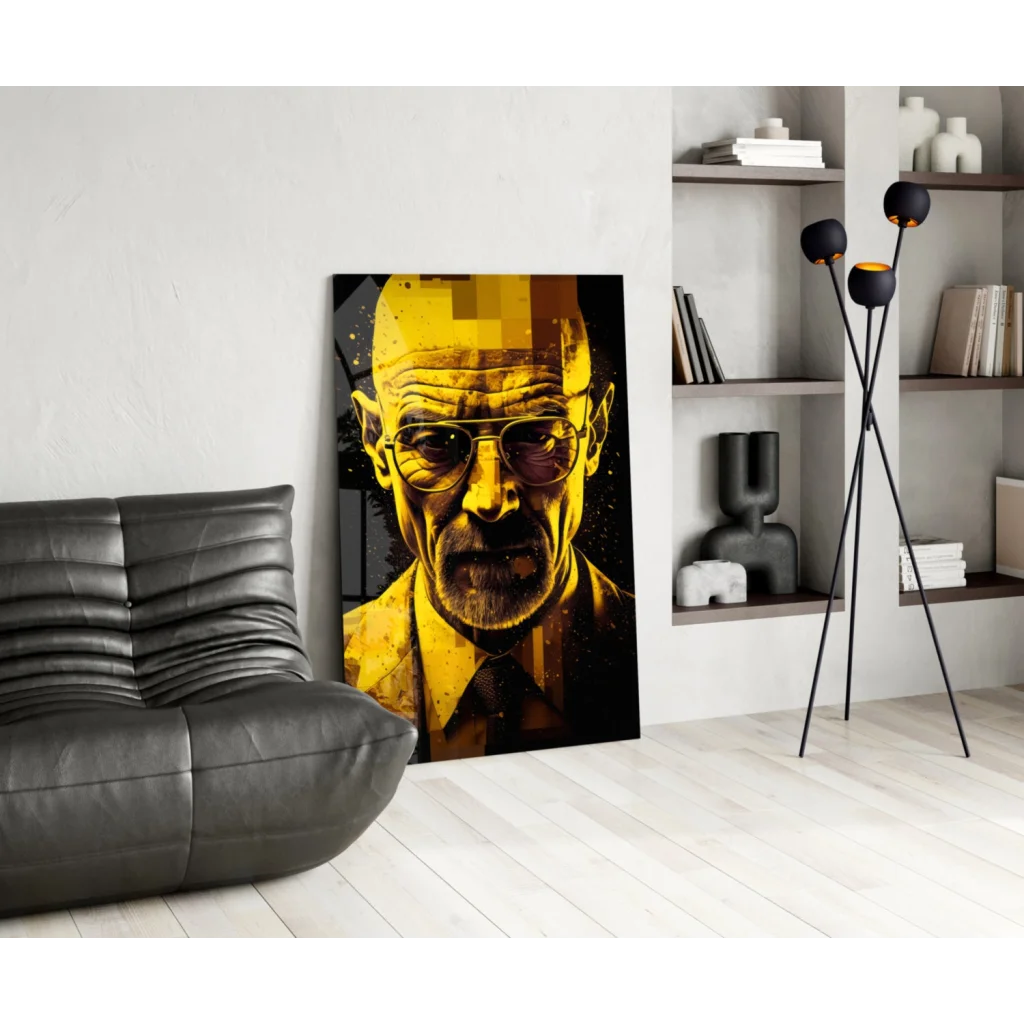 Striking yellow black Walter White pixelated glass wall art on white wall