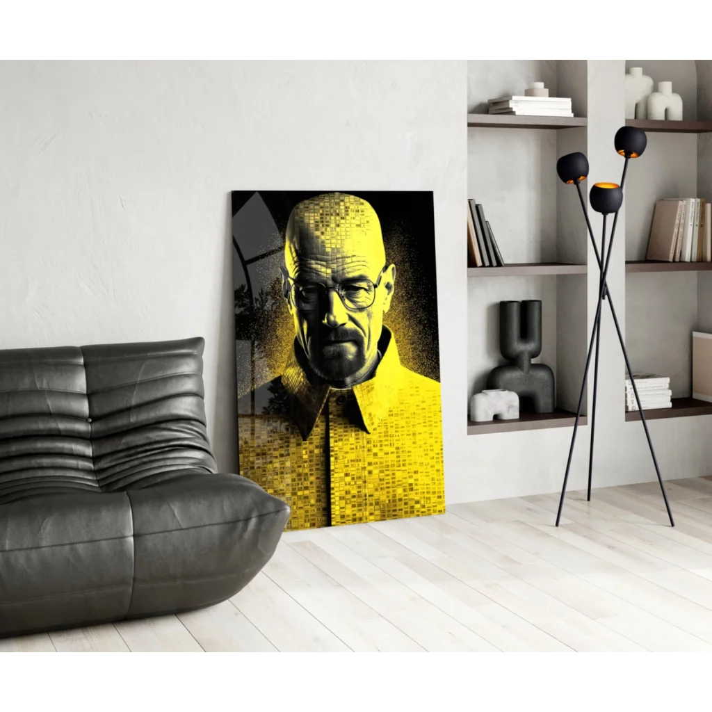 Vibrant yellow pixelated Walter White portrait wall art canvas print