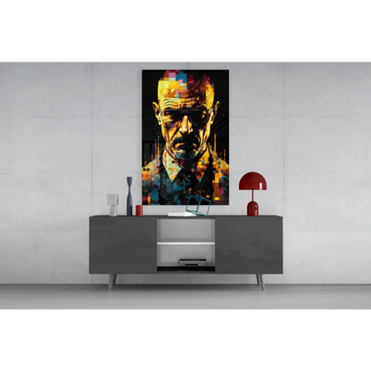Vibrant pixelated Walter White glass wall art portrait in suit