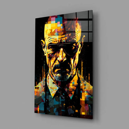 Vibrant pixelated Walter White in sunglasses on glossy glass wall art canvas
