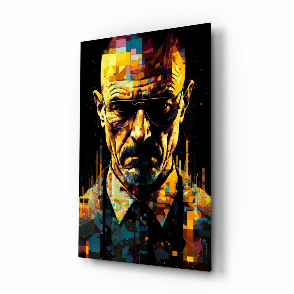 Vibrant pixelated Walter White glass wall art canvas print