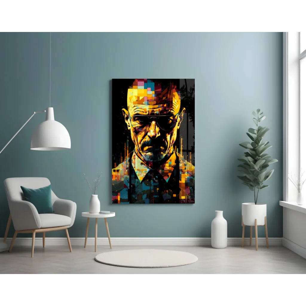 Vibrant pixelated Walter White glass wall art canvas print