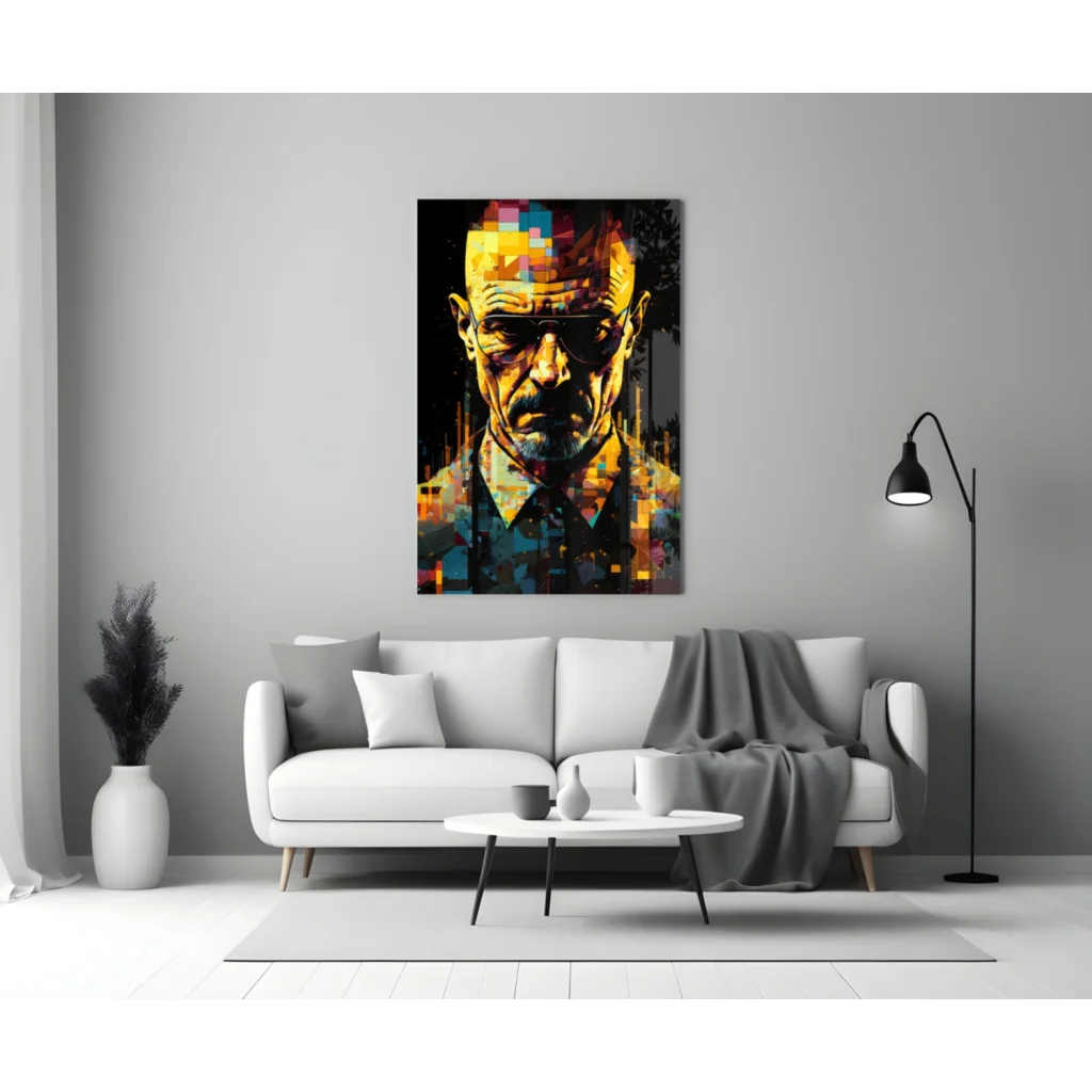 Vibrant pixelated Walter White glass wall art canvas print