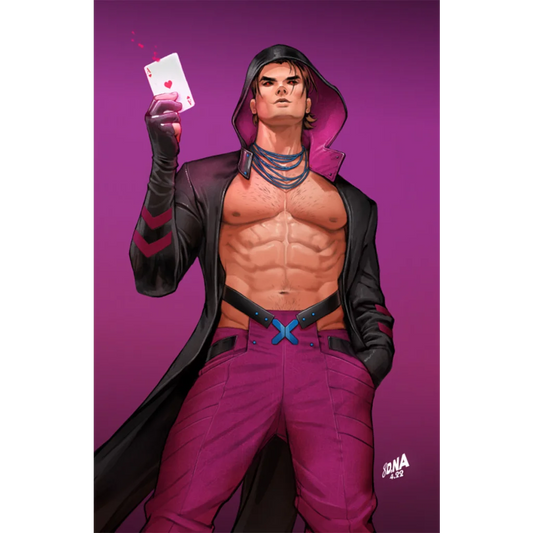 Muscular man in black trench coat and purple pants holding ace of hearts at Hellfire Gala year’s gala