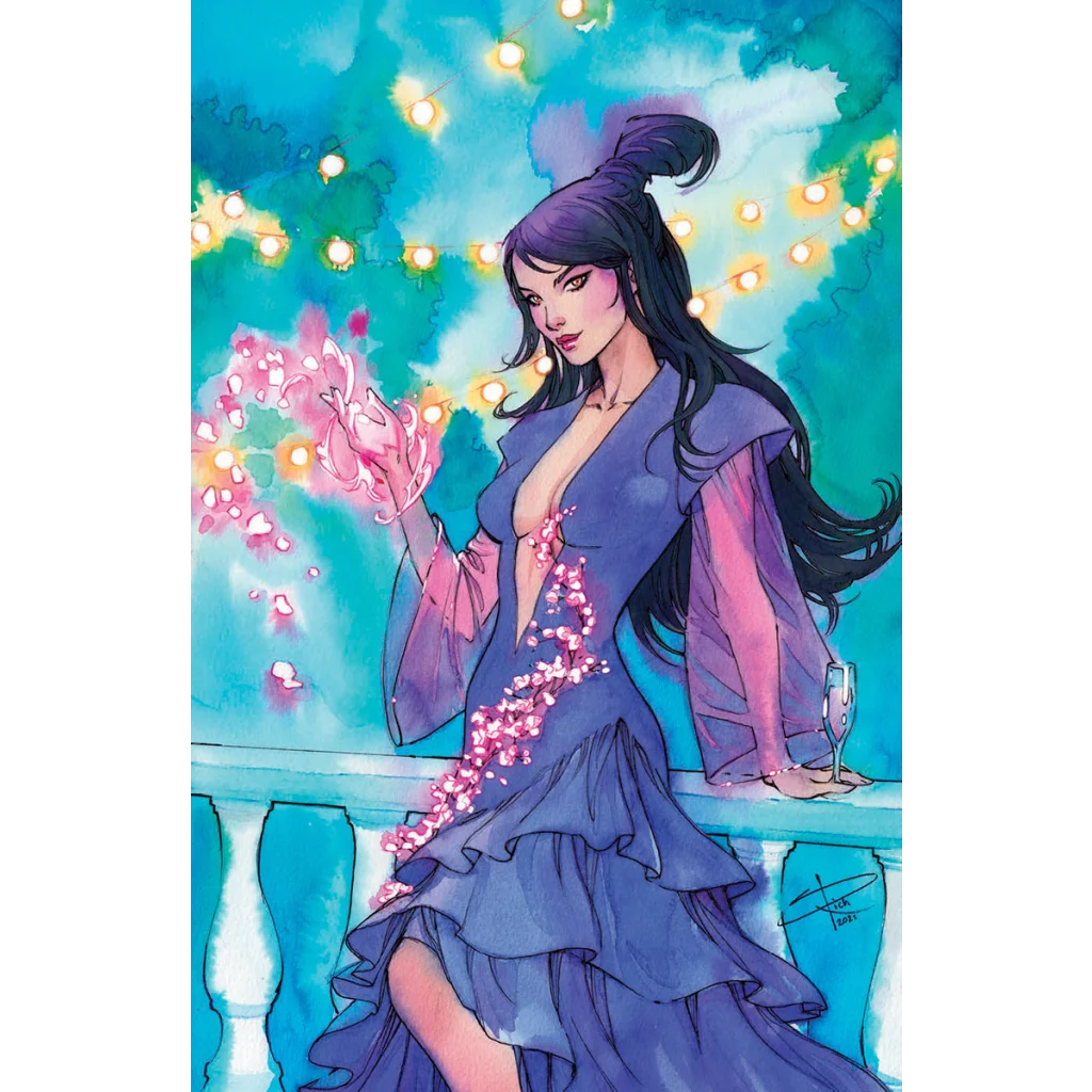 Woman in purple gown holding glowing pink flowers at Hellfire Gala Comics Sabine Rich