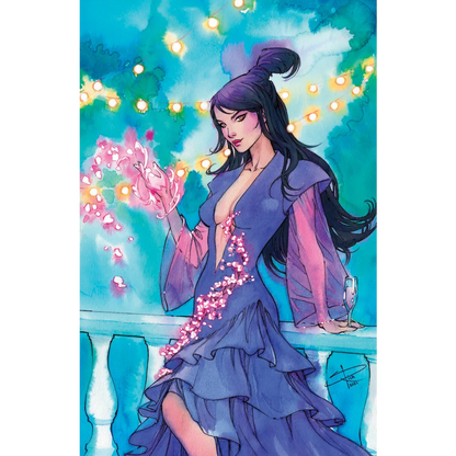 Woman in purple gown holding glowing pink flowers at Hellfire Gala Comics Sabine Rich