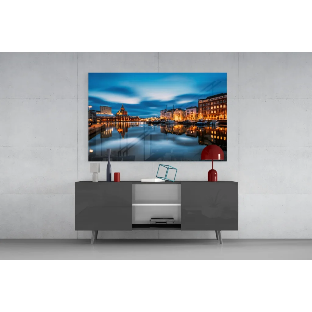 Twilight Harbor canvas wall art with glowing reflections on water