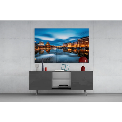 Twilight Harbor canvas wall art with glowing reflections on water