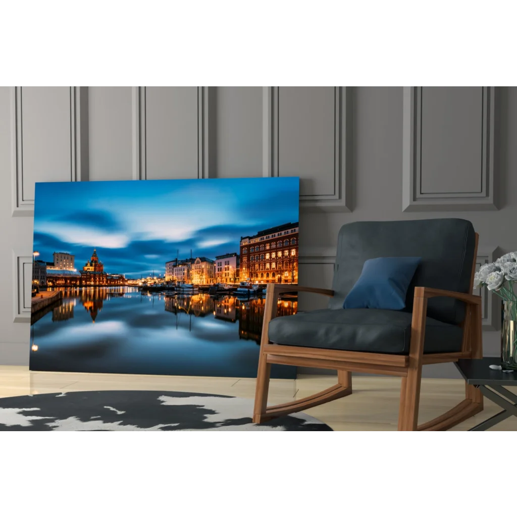 Twilight harbor canvas wall art with glowing reflections on serene canal
