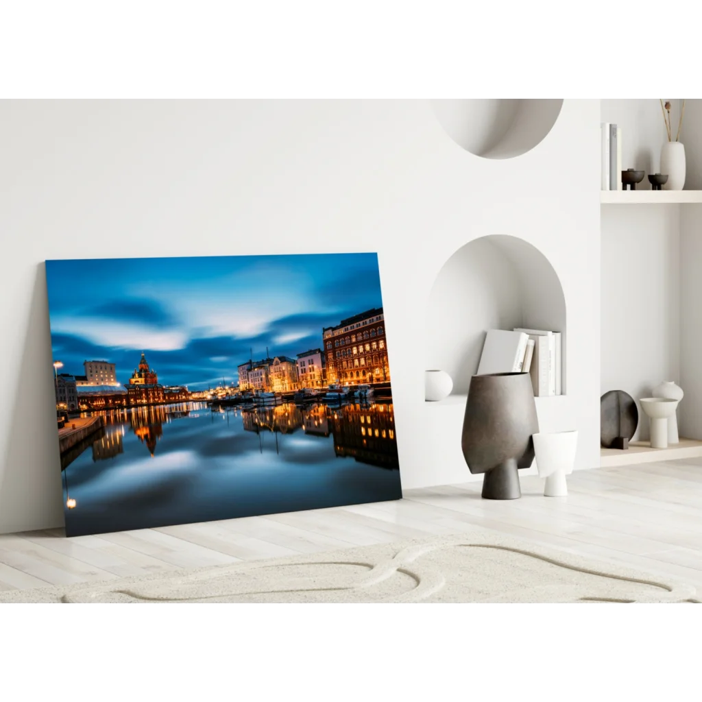 Twilight harbor wall art with glowing canal reflections at dusk