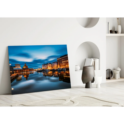 Twilight harbor wall art with glowing canal reflections at dusk