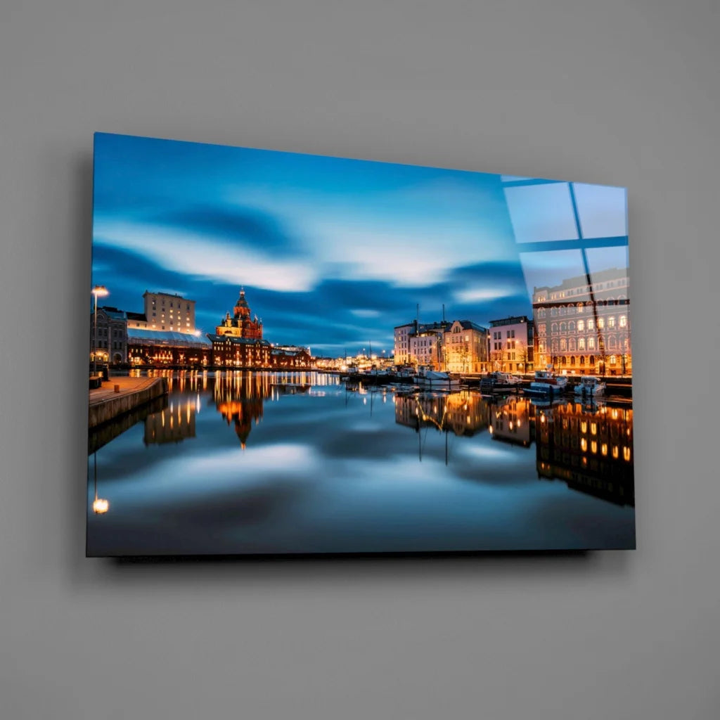 Twilight Harbor glass wall art with serene reflections