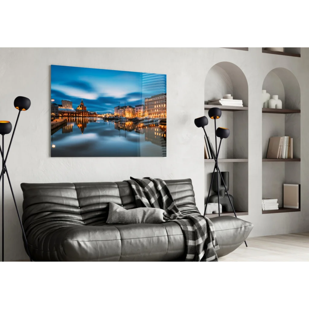 Twilight harbor canvas wall art with glowing reflections in calm water