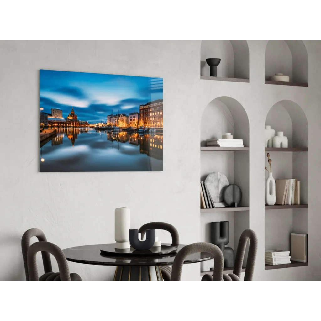 Twilight Harbor canvas wall art with glowing reflections on water