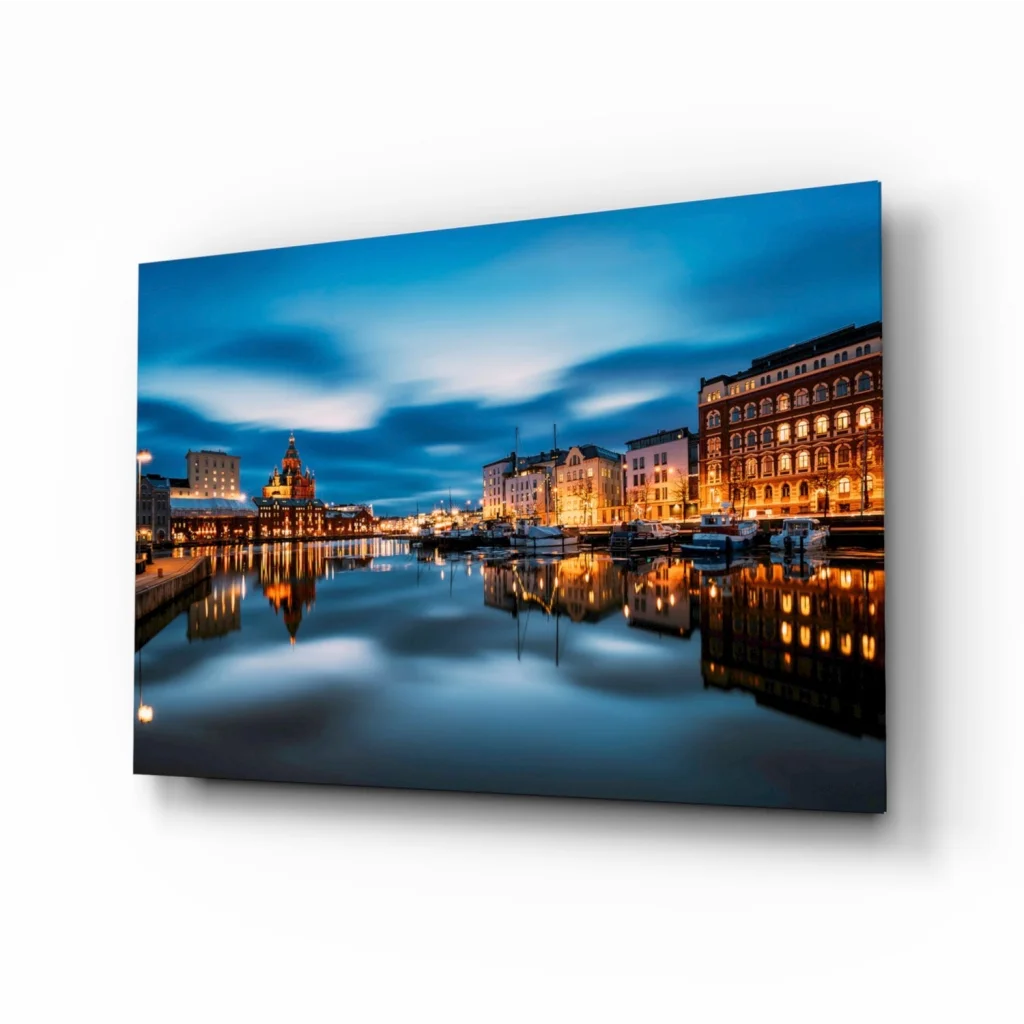 Twilight Harbor canvas wall art with glowing water reflections