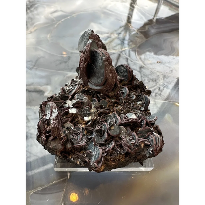 Hematite iron rose mineral specimen with metallic sheen and stand