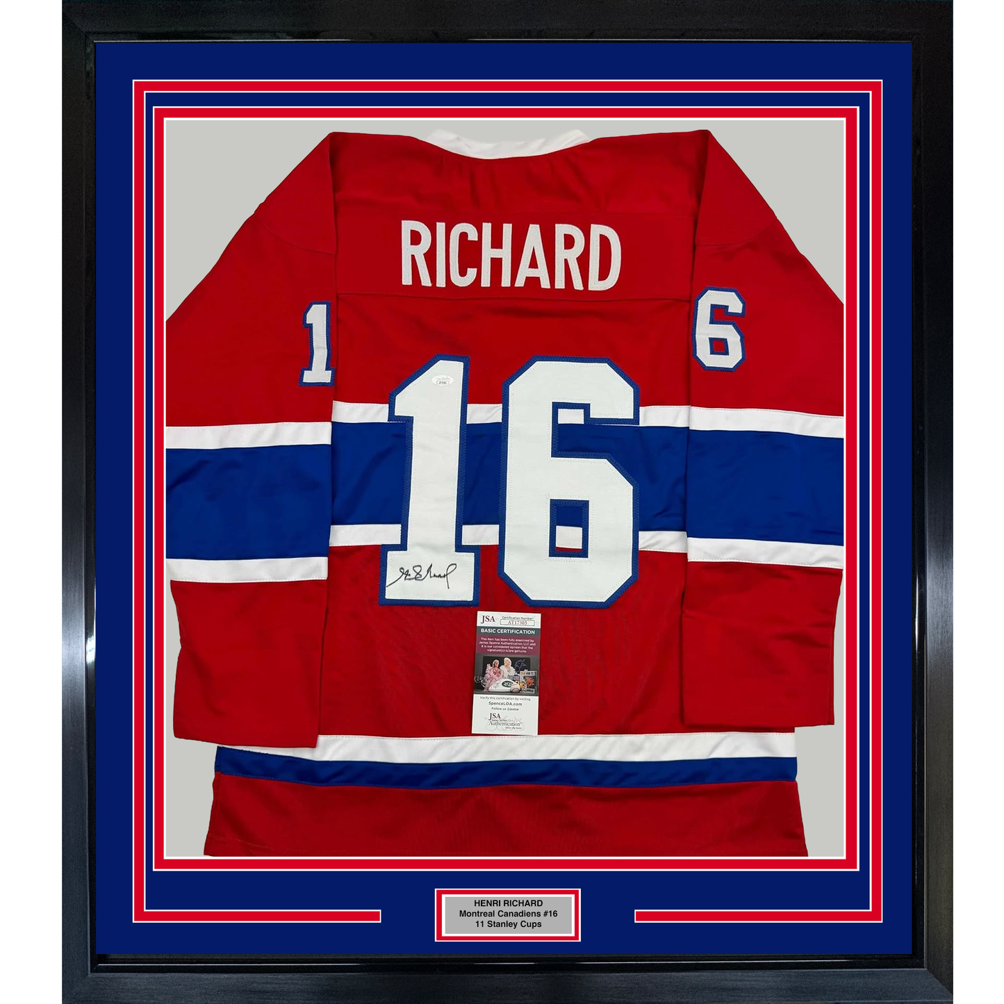 Framed red, white, and blue Montreal Canadiens jersey number 16 signed by Henri Richard, displayed front-facing in protective case.