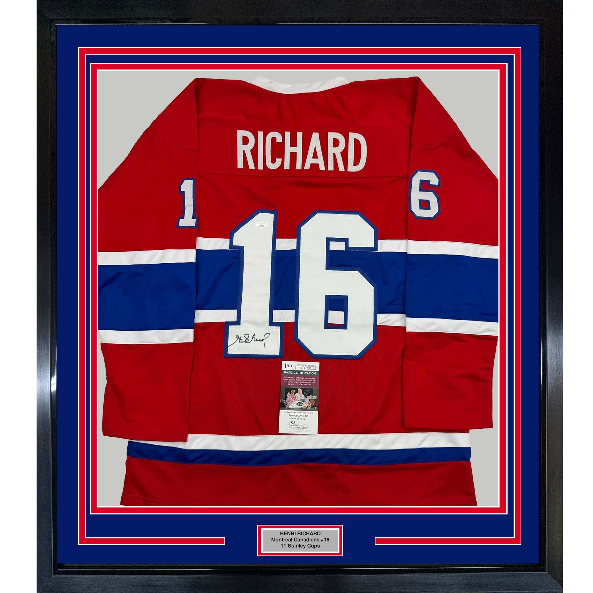Framed red, white, and blue Montreal Canadiens jersey number 16 signed by Henri Richard, displayed front-facing in protective case.