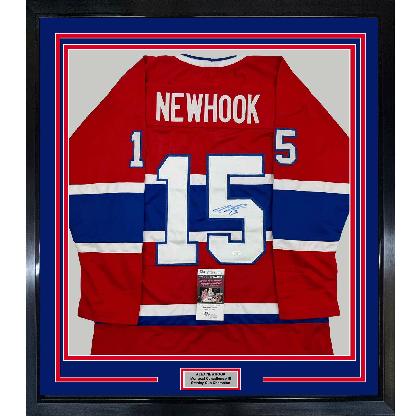 Framed red, white, and blue Montreal Canadiens #15 hockey jersey with "NEWHOOK" name and autograph, mounted on blue backing with nameplate.