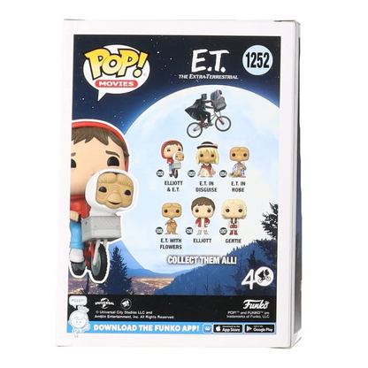 Back of a Funko Pop E T Movies box with character variations and Collect Them All! prompt for Henry Thomas signed vinyl figure