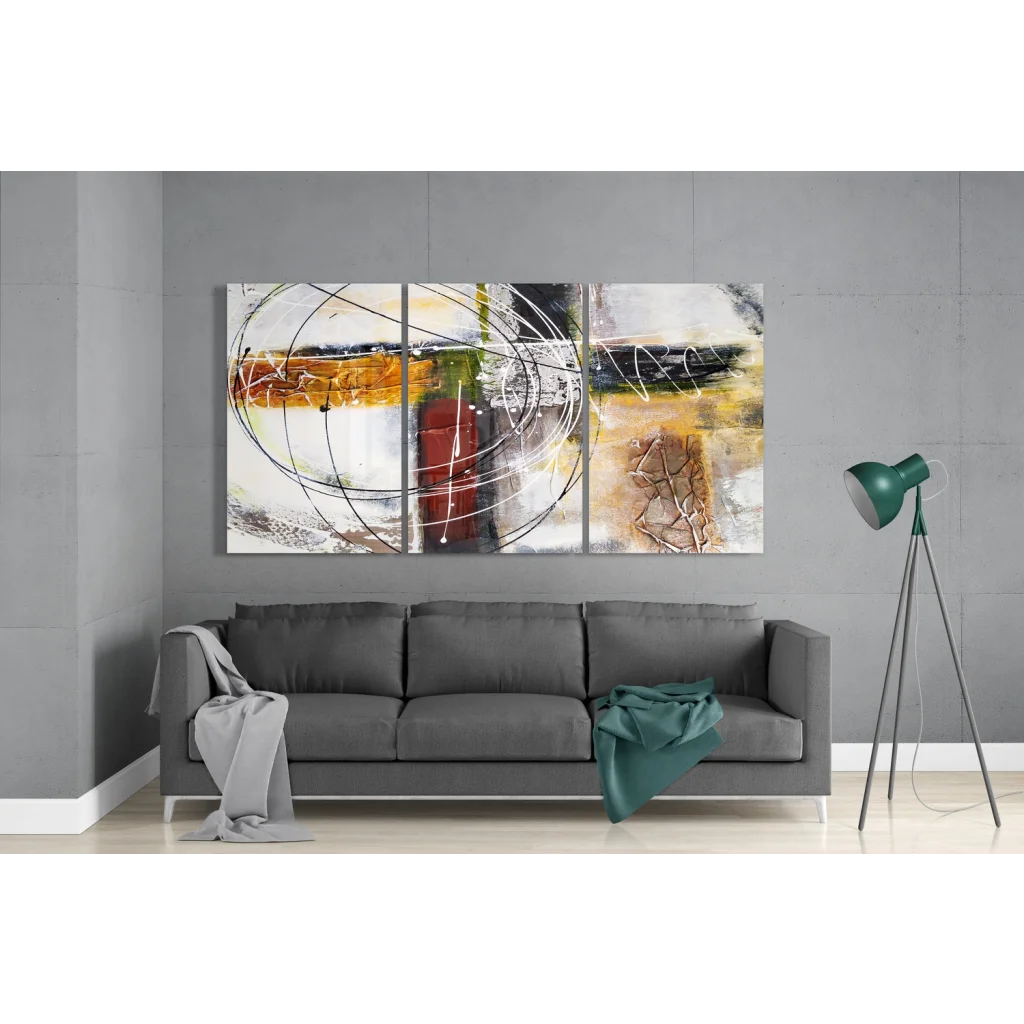 Stunning abstract triptych glass wall art with bold orange, red, black, white textures