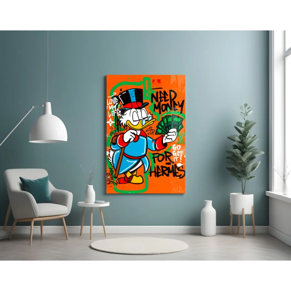 Donald Duck money graffiti canvas wall art with duck in top hat